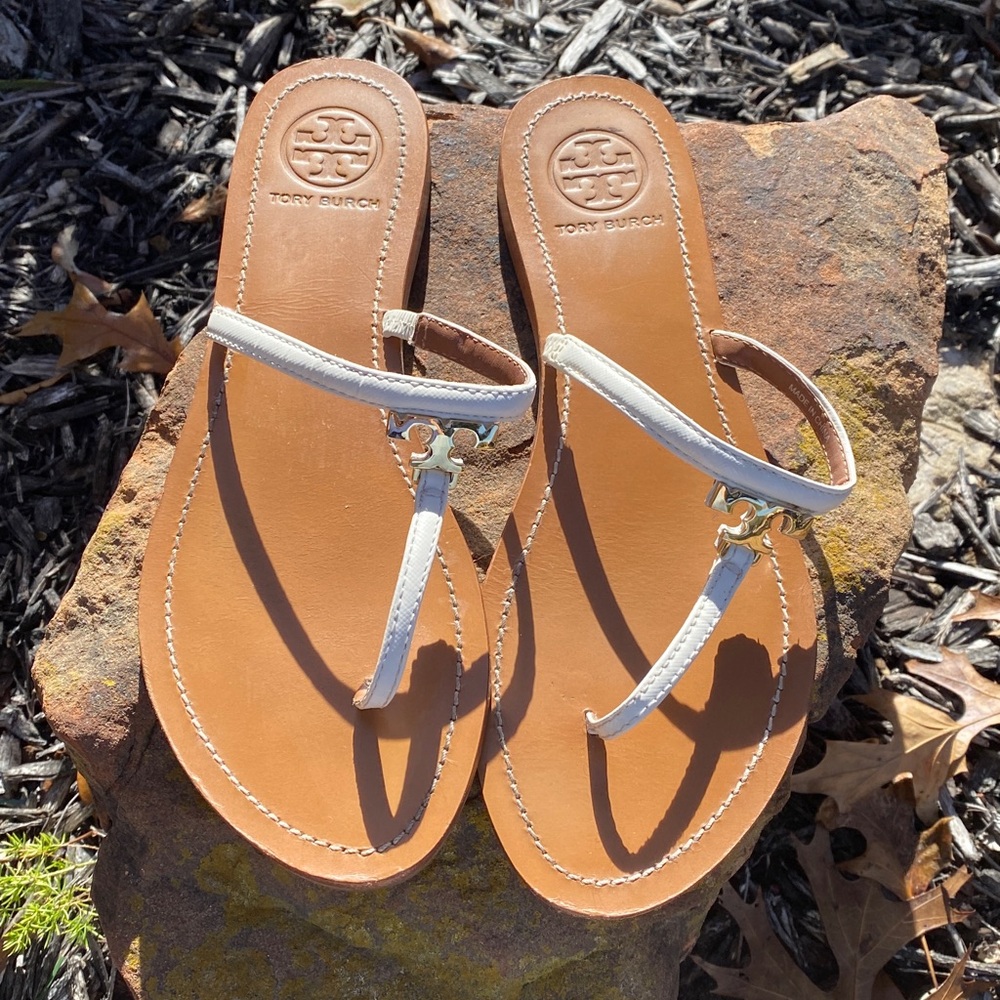 Tory Burch White Leather Gold Logo T-Strap Thong Sandal